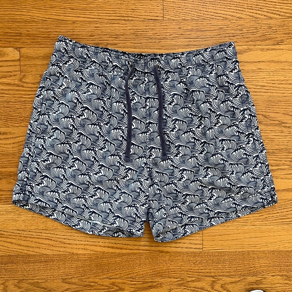 H&M Swimwear Sz M Men’s Navy & White Waves Elastic Waist Drawstring Swim Trunks